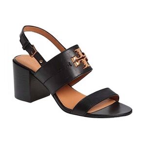 Tory Burch Everly Black and Gold Leather Block Sandals, 8